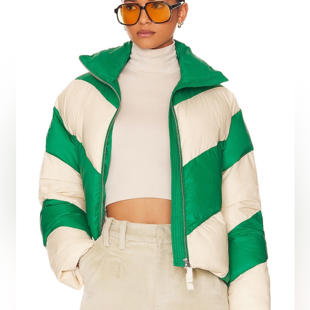 REVOLVE L’Academie Wylee Puffer Jacket in Green and ivory